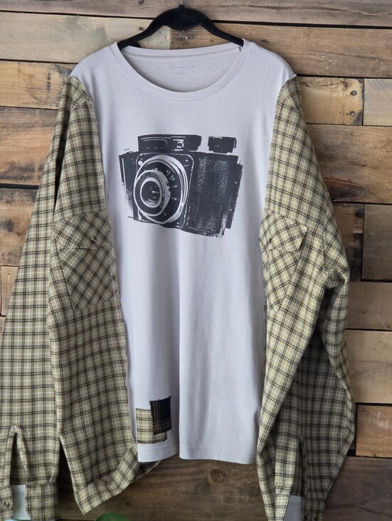 Trapos by Sonia Ruiz (upcycled) Tops - Upcycled Camera Graphic T-shirt With Plaid Long Sleeves